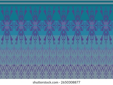 Seamless pixel pattern gradients violet tones with symmetrical floral motifs. design blends traditional elegance with digital precision, woven-like patterns on dark-light colors gradients background.