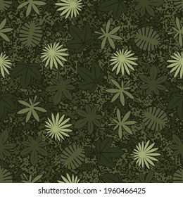 Seamless pixel pattern. Leaves of tropical plants and hemp. Dark greens. Editable.