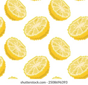 Seamless pixel pattern with lemon halves of different sizes in vector. Ideal for game and retro design, packaging, textiles and digital art projects.