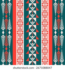 Seamless pixel pattern in red, green, and white with geometric and cross stitch design. Perfect for Christmas and New Year holiday decoration, textile, background, gift wrap, or festive print.