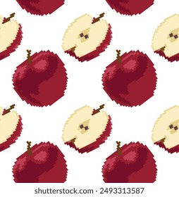 Seamless pixel pattern with a whole apple and half a red apple. Ideal for digital design and background.