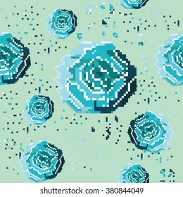 Seamless pixel rose pattern. Blue pixel roses decomposing into pixels pattern. 