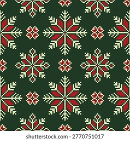 Seamless Pixel Snowflake Pattern Green Red – Nordic Christmas Folk Floral Textile Background.
Seamless pixel art pattern featuring stylized snowflake and floral motifs in festive red and cream tones set against a deep green background. Inspired by Nordic and Scandinavian folk embroidery, this design blends traditional textile aesthetics with a clean pixel-art structure. The symmetrical layout forms a balanced repeating pattern, perfect for holiday-themed projects such as Christmas wrapping paper, fabric prints, wallpaper, packaging, and digital backgrounds. Its handcrafted cross-stitch look evokes warmth, heritage, and seasonal charm while remaining versatile for both modern and vintage design applications. Ideal for surface design, branding, and decorative use requiring a cozy winter or festive atmosphere.
