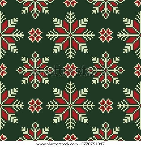 Seamless Pixel Snowflake Pattern Green Red – Nordic Christmas Folk Floral Textile Background.
Seamless pixel art pattern featuring stylized snowflake and floral motifs in festive red and cream tones set against a deep green background. Inspired by Nordic and Scandinavian folk embroidery, this design blends traditional textile aesthetics with a clean pixel-art structure. The symmetrical layout forms a balanced repeating pattern, perfect for holiday-themed projects such as Christmas wrapping paper, fabric prints, wallpaper, packaging, and digital backgrounds. Its handcrafted cross-stitch look evokes warmth, heritage, and seasonal charm while remaining versatile for both modern and vintage design applications. Ideal for surface design, branding, and decorative use requiring a cozy winter or festive atmosphere.