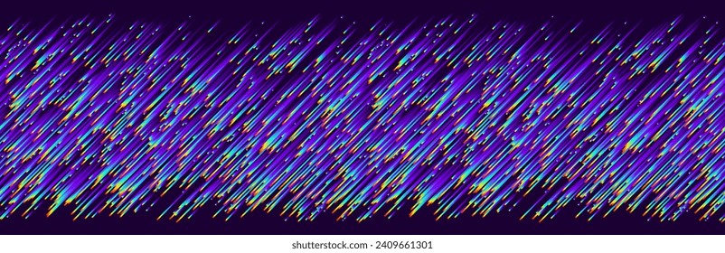 Seamless pixel sorting style background with diagonal holographic iridescent lines. Geometric trendy pixelart banner design. Colorful dynamic distorted motion digital noise header. Vector illustration