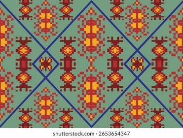 seamless pixel textile design in warm reds, oranges, and yellows against a green backdrop. It features symmetrical creature-like figures and sunburst shapes, divided by striking blue diamond lines.