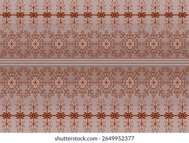 Seamless pixel textile pattern gradients brown tones with symmetrical floral motifs. design blends traditional elegance with digital precision, woven-like patterns on dark-light gradients background.