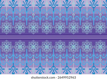 Seamless pixel textile pattern gradients blue tones with symmetrical floral motifs. design blends traditional elegance with digital precision, woven-like patterns on dark-light gradients background.