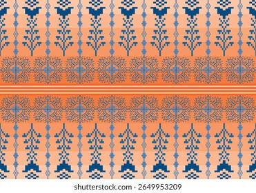 Seamless pixel textile pattern gradients blue tones with symmetrical floral motifs. design blends traditional elegance with digital precision, woven-like patterns on dark-light gradients background.