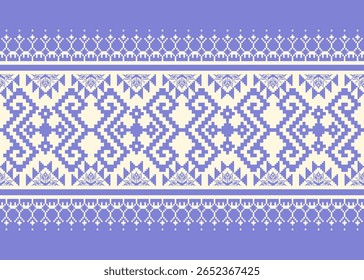 Seamless pixel tribal pattern in light blue and cream. Ethnic geometric textile style perfect for fabric, digital prints, crafts, and home decor. Traditional yet modern look.
