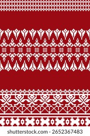 Padrão tribal de pixel contínuo em vermelho e branco com detalhes geométricos étnicos. Inspirado em tecidos tradicionais. Ideal para impressões de tecido, artesanato, decoração e desenhos digitais.
