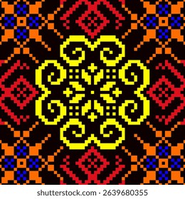 Seamless pixel tribal pattern with vibrant ethnic motifs in yellow, red, orange, and blue over a black background. This decorative tile design draws inspiration from traditional weaving