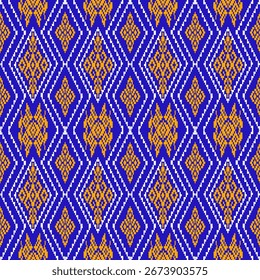 A seamless pixel-art pattern inspired by traditional tribal textiles, featuring nested diamond shapes and zigzag lattice structures in golden-orange and royal blue. The symmetrical layout