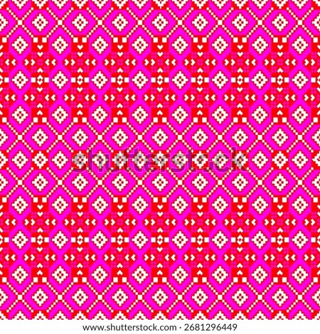 A seamless pixel-art pattern inspired by tribal embroidery, featuring nested diamond shapes, eight-pointed star motifs, and zigzag chevron stripes in vibrant red, white, magenta, and pink.
