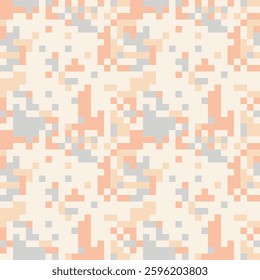 A seamless pixelated abstract pattern design in soft pastel colors: beige, light orange, and gray. creating a slightly abstract texture reminiscent of vintage digital art