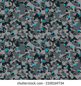patrón de camo pixelado sin fisuras con colores negro, gris y azul brillante