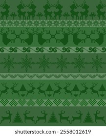 Seamless Pixelated Christmas Pattern Green Background with Reindeer, Snowflakes, and Christmas Trees