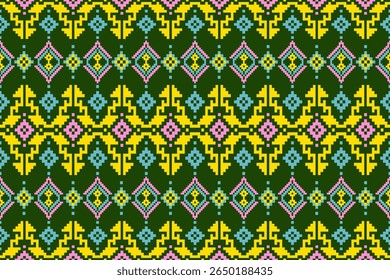 A seamless pixelated geometric pattern featuring repeating diamond and zigzag motifs in yellow pink and blue against a dark green background