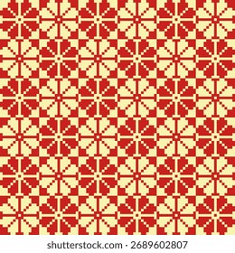 Seamless pixelated geometric pattern with red folk art flowers on a yellow background. Traditional slavic embroidery style textile design