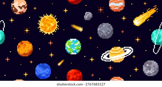 A seamless pixelated space background with colorful planets, the sun, moon, asteroids, meteorites, and stars. 8-bit, arcade. Game interface. Galaxy, adventure. Vector, flat style. Vintage graphics.
