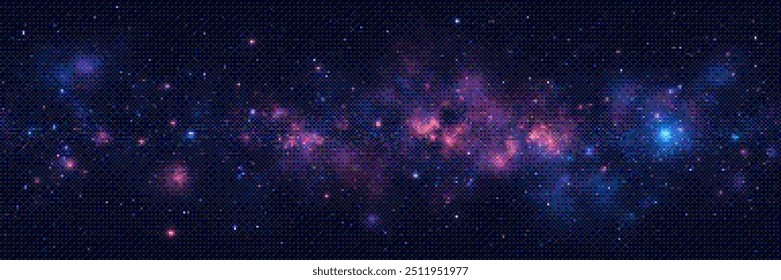 Seamless pixelated video game galaxy background. Panoramic starry dark deep space location background in vintage pixel art style with dithering effect for 8-bit retro videogame. Vector illustration