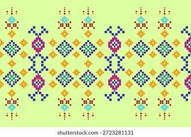 Un patrón étnico estilo píxel sin fisuras con motivos geométricos coloridos y símbolos tribales. Vibrante diseño popular inspirado en el bordado tradicional, perfecto para textiles, fondos, Fondos de pantalla y estampados de tela digital.