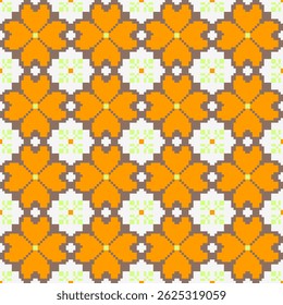 Patrón floral de estilo píxel sin costuras en naranja, blanco y verde. Perfecto para bordados, diseños textiles, artesanías retro o proyectos de arte popular digital.