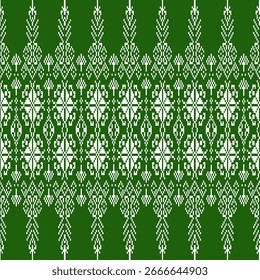 Um padrão em estilo de pixel sem costura com motivos florais e geométricos simétricos em branco sobre um fundo verde. Inspirado por bordados tradicionais e projetos de ponto de cruz, este layout intrincado