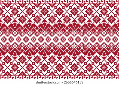 A seamless pixel-style pattern featuring symmetrical floral and geometric motifs in white on a green background. Inspired by traditional embroidery and cross-stitch designs, 