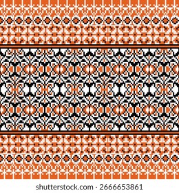 Un patrón de estilo pixel sin fisuras con motivos florales simétricos en verde y rosa sobre un fondo negro. Inspirado en las técnicas tradicionales de bordado y punto de cruz, 