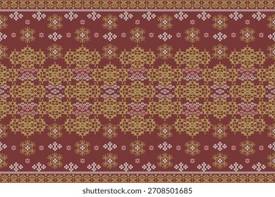 Ein nahtloses Pixel-Muster mit grünen und blauen Diamantmotiven auf Farbverlauf-Hintergrund von Braun bis Marine, das einen Stamm- und Ethno-Textil-Look bietet, der sich ideal für Stoffe oder Dekor eignet.