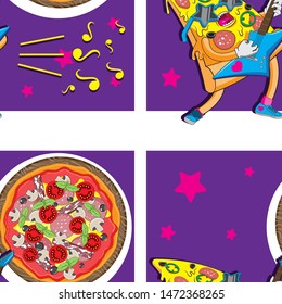 Seamless pizza character background guitar food star notes. Packaging wrapper banner web textiles. Vector image. eps 10