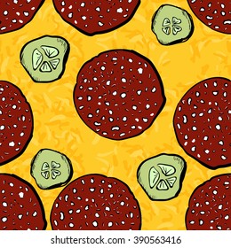 Seamless pizza with cheese and Salami. Vector pattern