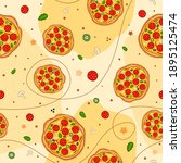 Seamless pizza pattern. Background with pizzas and ingredients: salami, mushrooms, mint, pepper. Vector illustration for design on the theme of food and Pizzeria, restaurant, cafe.
