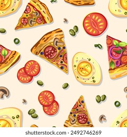 Seamless pizza pattern, colorful slices with toppings like pepperoni, mushrooms, tomatoes, and olives. Ideal for food packaging, restaurant decor, and culinary-themed projects. Isolated on background