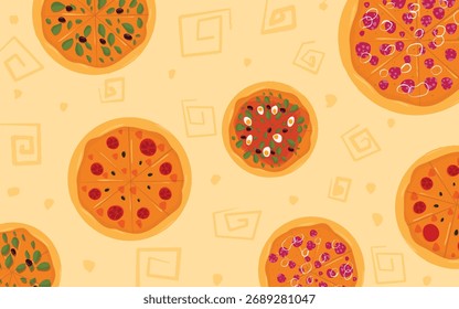 Padrão de Pizza Contínua com Toppings Coloridos no Fundo Bege
