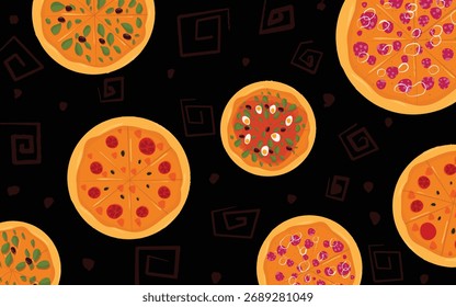 Seamless Pizza Pattern with Colorful Toppings on black Background