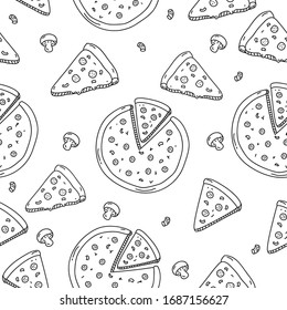 Seamless pizza pattern in cute doodle hand drawn style suitable for background 