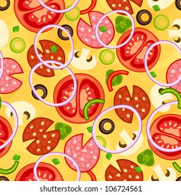 Seamless pizza pattern with different ingredients. Vector illustration