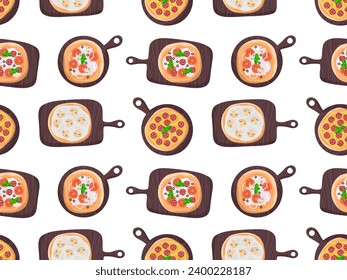 Seamless Pizza pattern. Different pizzas on serving boards. Pizza options according to different recipes. Cartoon vector Traditional italian dishes. Repeated background for wallpaper, print, wrapping.