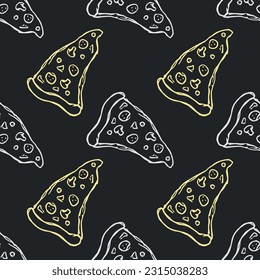 Seamless pizza pattern. Drawn pizza background. Doodle vector pizza illustration