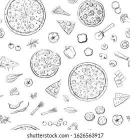 Seamless pizza pattern. Hand drawings on a white background.