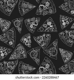 Seamless pizza pattern. Hand drawn pizza illustrations. top view. vector illustration Engraved design.