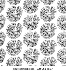 Seamless pizza pattern. Hand drawn pizza illustrations. Vector illustration.
