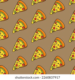 Seamless pizza pattern. Hand drawn pizza illustrations. Vector illustration.