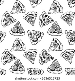 Seamless pizza pattern with handdrawn slices and toppings. Vintage black and white design perfect for wrapping and textiles. Tasty sketch style for kitchen decor.