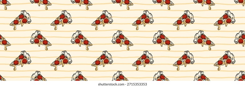 Ilustración de patrón de pizza sin fisuras con rebanadas dibujadas a mano, queso e ingredientes clásicos italianos. Diseñado para envases, textiles y fondos de restaurantes con un toque culinario vintage.
