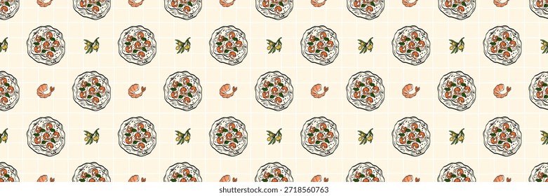 Ilustración de patrón de pizza sin fisuras con rebanadas dibujadas a mano, queso e ingredientes clásicos italianos. Diseñado para envases, textiles y fondos de restaurantes con un toque culinario vintage.