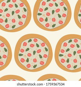 Seamless pizza pattern. Modern flat hand drawn concept. Mozzarella pizza.