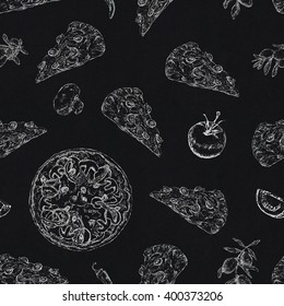 Seamless pizza pattern with olive branches, tomato, peppers, mushrooms on blackboard background